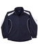 A track jacket in navy with white accents, featuring a zip closure and elastic cuffs. It has a logo displayed.