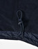 A close-up of a navy unisex jacket featuring a drawstring at the hem and a smooth fabric texture.