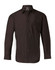 A black long sleeve button-up shirt with a collar and a single chest pocket. It features a logo on the label.