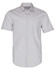 A short-sleeved, button-up shirt featuring a grey and white ticking stripe pattern. It has a logo on the chest.