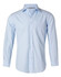 A light blue long sleeve button-up shirt with pin stripes and a chest pocket. It features a logo on the collar.