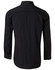A black long sleeve shirt with white pin stripes and a back view, featuring a logo on the collar.