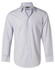 A light blue long-sleeve button-up shirt with a single chest pocket and a branded label.
