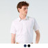 A white short sleeve button-up shirt with a collar, featuring a logo and available in multiple colours.