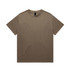 A brown heavy tee with a round neckline and short sleeves, featuring branding on the inside tag.