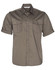 A short sleeve military shirt in olive green with two chest pockets and a button-up front. Features a logo on the label.