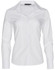 A white long sleeve button-up shirt with a collar, featuring a logo on the label.