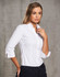 A women's white cotton/poly stretch 3/4 sleeve button-up shirt showcased on a model.