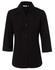 A black women's cotton/poly stretch 3/4 sleeve button-up shirt featuring a classic collar and a logo.