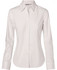 A white women's fine twill long sleeve button-up shirt with a collar and logo on the label.