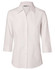 A white women's fine twill 3/4 sleeve button-up shirt featuring a classic collar and a logo on the left.