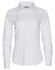 A white women's long-sleeve button-up shirt with a classic collar and a logo.