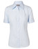 A light blue women's self-stripe short-sleeve button-up shirt with a collar and branding.
