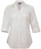 A white button-up shirt with a collar and 3/4 sleeves, featuring a subtle texture and logo.