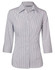 A button-up women's shirt featuring a blue and white ticking stripe design and 3/4 sleeves. It has a collar and buttons.
