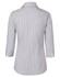 A button-up shirt in a white and navy ticking stripe design, featuring 3/4 length sleeves and a collar.