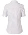 A short-sleeved women's shirt in white with blue ticking stripes, featuring a collared neckline and a fitted design.
