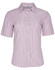 A short sleeve button-up shirt in red and white stripes, featuring a single chest pocket and a branded label.