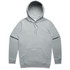A grey hoodie with a front pocket and a large hood, featuring a logo on the label.