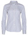 A button-up shirt featuring blue and white sateen stripes with a collared neckline and long sleeves. It has a logo on the label.