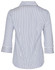 A women's 3/4 sleeve shirt featuring blue and white stripes, with a collar and button-up design. It has a logo.