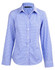 A blue and white check pattern long-sleeve button-up shirt with a collar and branding on the neckline.