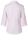 A light purple women's mini check 3/4 sleeve button-up shirt with a collar and a logo.
