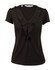 A black women's blouse featuring a ruffled front and a V-neckline. The shirt has short sleeves and a fitted silhouette.