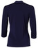 A navy blue mid-sleeve knit top featuring a shawl collar and a logo on the back.