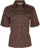 A brown women's short sleeve military shirt featuring button-up front and pockets, with rolled sleeves.