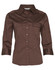 A brown women's 3/4 sleeve military shirt featuring a collared neckline and button detailing. It has a logo on the shirt.