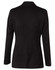 A women's mid-length black jacket with two buttons, featuring a tailored fit and long sleeves.