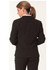A black, cropped women's blazer jacket with a one-button design and visible pinstripe pattern, featuring a back view.