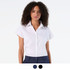 A short sleeve button-up shirt in white with a collar. The shirt features a logo on it.