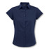 A navy button-up shirt with short sleeves and a collared neckline, featuring a logo on the chest.