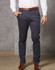 Men's navy chino pants with a slim fit, featuring side pockets and a brown belt. Pairing with brown shoes.