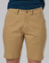 Tan stretch cotton chino shorts with a front button closure, featuring a logo on the waistband.