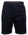 A pair of navy ladies' stretch cotton chino shorts with a button closure and pockets, featuring a branded logo.