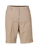 Khaki women's chino shorts with a button closure and pockets, featuring a logo on the waistband.