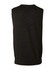 A black men's 100% Merino wool V-neck vest with a ribbed hem and no sleeves. Features branding on the back.