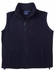 A black unisex polar fleece vest with a stand-up collar and zip fastening, featuring side pockets and a logo.