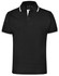 A black unisex polo shirt with contrasting white stripes on the collar and sleeves, featuring a logo on the front.