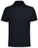A black unisex polo shirt with a collar and short sleeves, featuring a logo on the upper left.