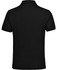 A black unisex polo shirt with a classic collar and short sleeves, featuring a branding logo.