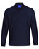 A dark navy unisex traditional poly/cotton pique long sleeve polo shirt with a logo on the collar.