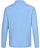 A blue unisex long sleeve polo shirt with a collar and a logo on the back.