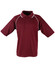 A maroon polo shirt featuring a collar, short sleeves, and white piping, complete with a logo.
