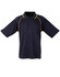 A navy blue polo shirt with yellow accents and a collar, featuring a logo on the chest area.