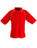 A red polo shirt featuring short sleeves and contrasting piping detail. It has a logo.