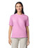 A pink adult heavyweight t-shirt displayed on a model, featuring short sleeves and a simple design.